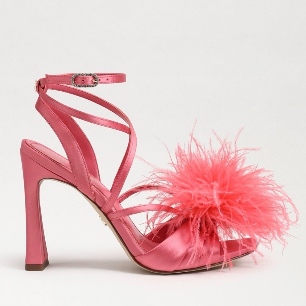 Sam Edelman Layton Feather Strappy Heels Rose Quartz Statement Sandal NWT Size 5 - Picture 3 of 16